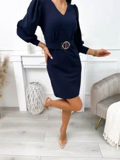 Granatowa Klasyczna Sukienka z Paskiem 11812-154-C|Modna Kiecka Outlet