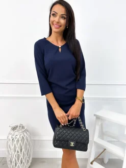 Granatowa Klasyczna Sukienka 12764-184-F|Modna Kiecka Outlet