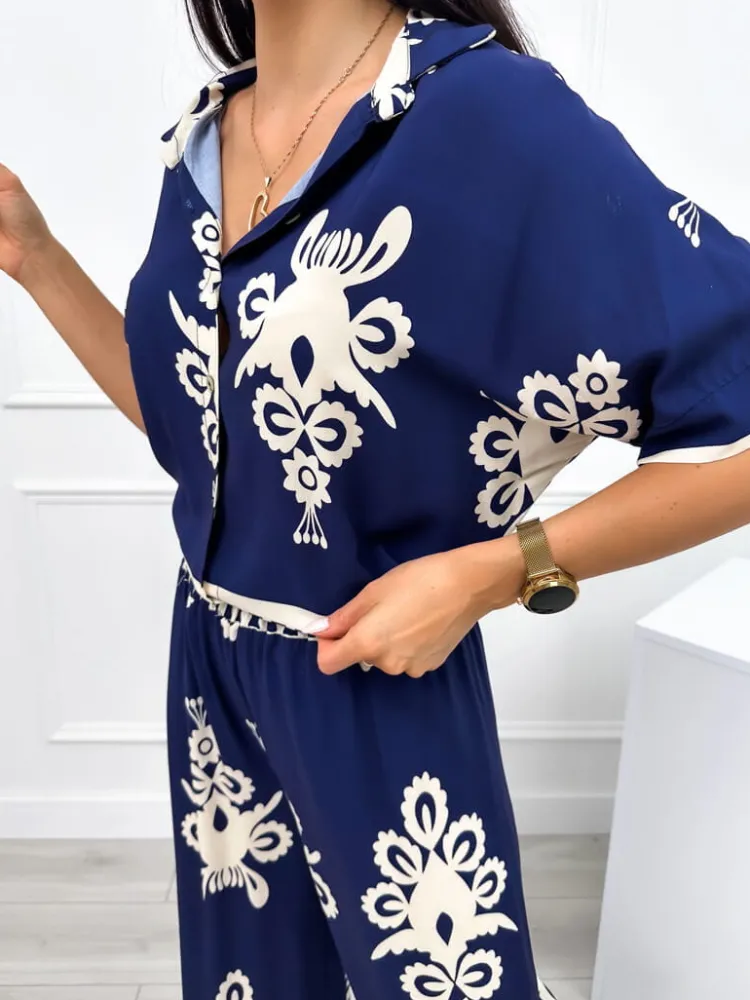 Granatowa Koszula w Beżowy Wzór 12453-321-B|Modna Kiecka Best