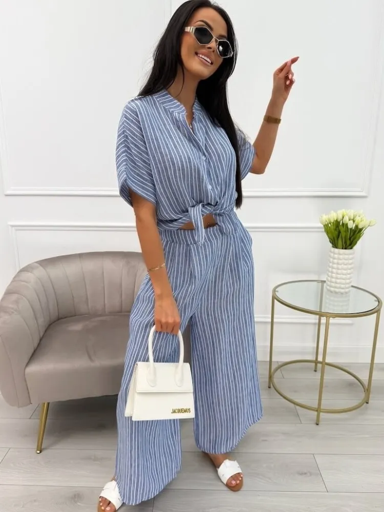 Granatowa Koszula w Paski z Krótkim Rękawem 13856-417-B|Modna Kiecka Discount