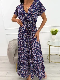 Granatowa Sukienka Maxi w Kwiaty  13924-532-B|Modna Kiecka Hot