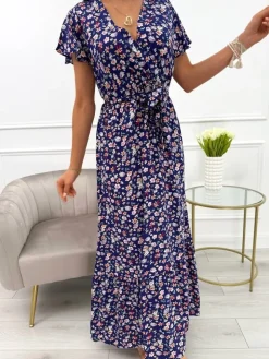 Granatowa Sukienka Maxi w Kwiaty  13924-532-B|Modna Kiecka Hot