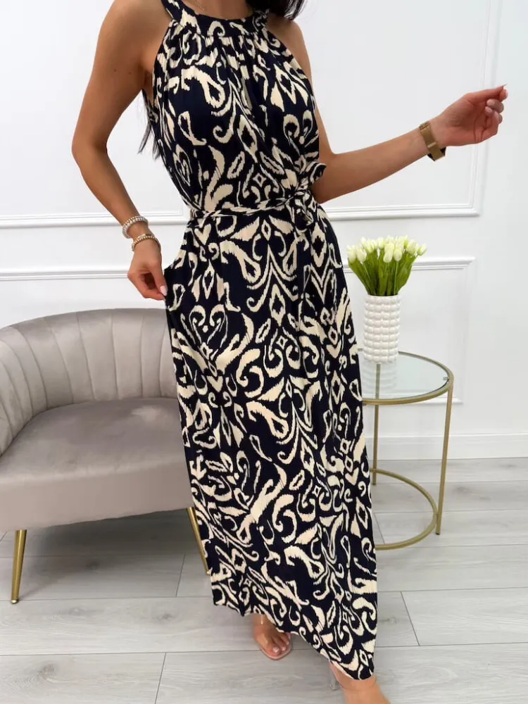 Granatowa Sukienka Maxi w Beżowy Wzór z Paskiem 14019-233-D|Modna Kiecka Fashion