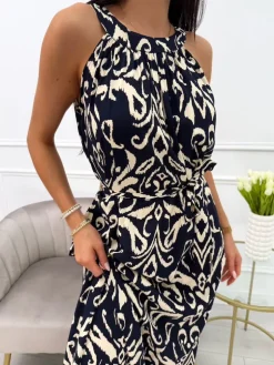 Granatowa Sukienka Maxi w Beżowy Wzór z Paskiem 14019-233-D|Modna Kiecka Fashion