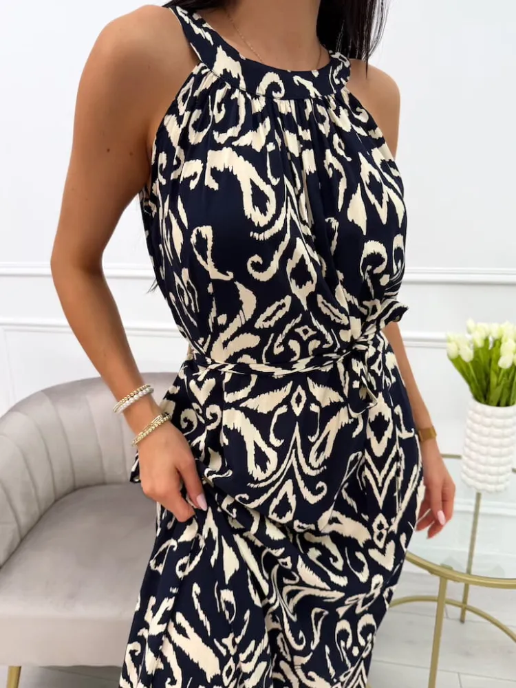 Granatowa Sukienka Maxi w Beżowy Wzór z Paskiem 14019-233-D|Modna Kiecka Fashion