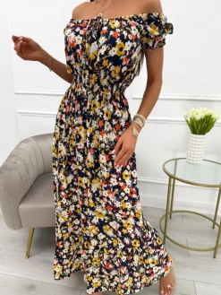 Granatowa Sukienka Maxi z Motywem Roślinnym 13925-212-C|Modna Kiecka Discount