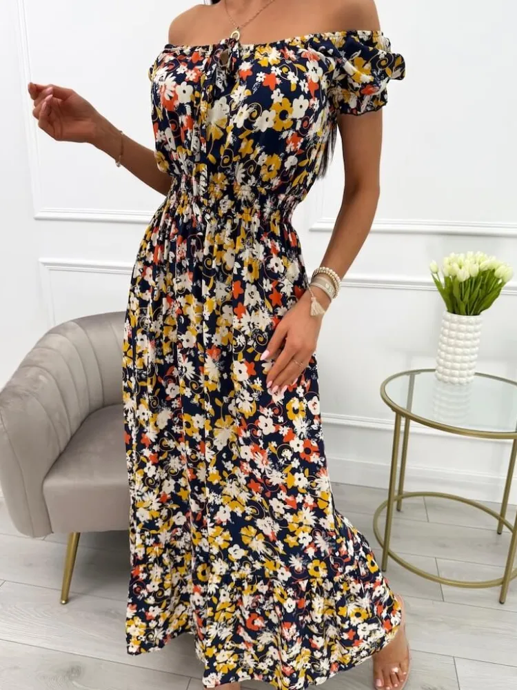 Granatowa Sukienka Maxi z Motywem Roślinnym 13925-212-C|Modna Kiecka Discount