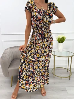 Granatowa Sukienka Maxi z Motywem Roślinnym 13925-212-C|Modna Kiecka Discount