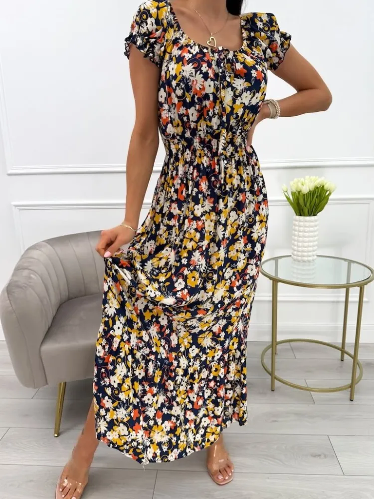 Granatowa Sukienka Maxi z Motywem Roślinnym 13925-212-C|Modna Kiecka Discount