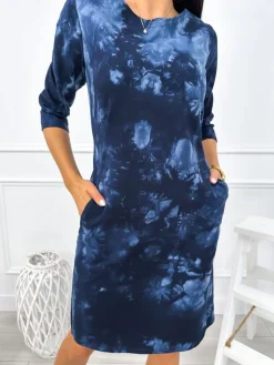 Granatowa Sukienka Tie Dye z Kieszeniami 12876-102-B|Modna Kiecka Discount