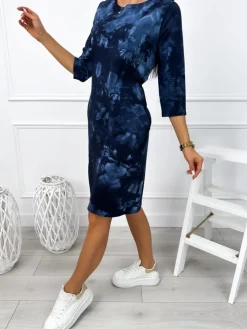 Granatowa Sukienka Tie Dye z Kieszeniami 12876-102-B|Modna Kiecka Discount