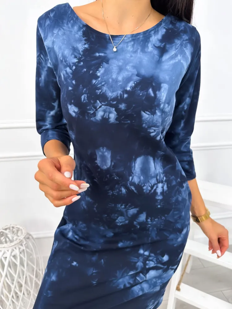 Granatowa Sukienka Tie Dye z Kieszeniami 12876-102-B|Modna Kiecka Discount