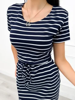 Granatowa Sukienka w Białe Paski z Kieszeniami 12479-316-B|Modna Kiecka Outlet
