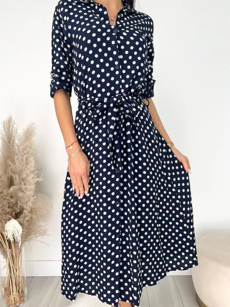 Granatowa Sukienka w Grochy z Paskiem 9477-51-B|Modna Kiecka Best