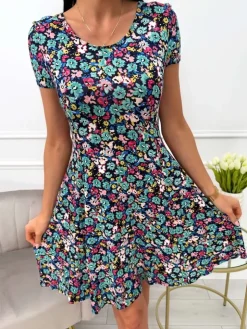 Granatowa Sukienka w Kolorowe Kwiatki 13710-103-Q|Modna Kiecka Fashion