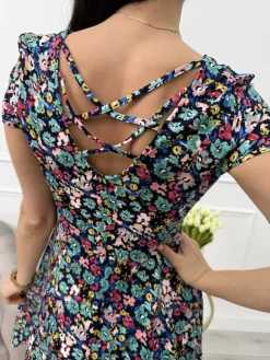 Granatowa Sukienka w Kolorowe Kwiatki 13710-103-Q|Modna Kiecka Fashion