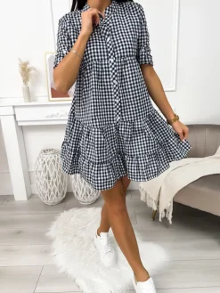 Granatowa Sukienka w Kratkę z Falbanką 11410-190-D|Modna Kiecka Sale