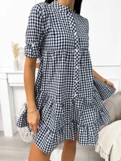 Granatowa Sukienka w Kratkę z Falbanką 11410-190-D|Modna Kiecka Sale