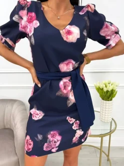 Granatowa Sukienka w Kwiaty z Paseczkiem 13774-204-A|Modna Kiecka Outlet