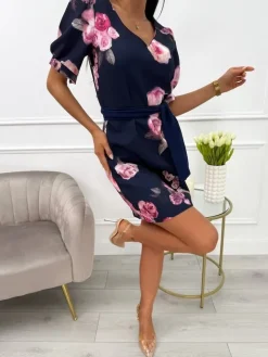 Granatowa Sukienka w Kwiaty z Paseczkiem 13774-204-A|Modna Kiecka Outlet