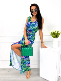 Granatowa Sukienka w Roślinny Wzór 12305-352 12305-352-Q|Modna Kiecka Discount
