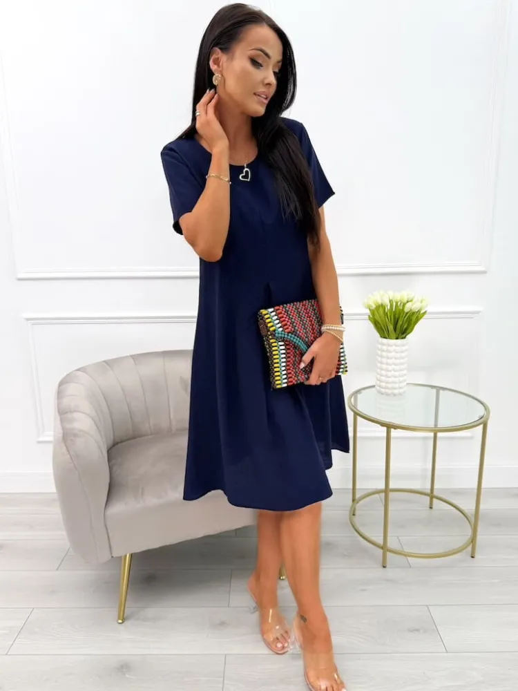 Granatowa Sukienka z Kieszeniami 13969-336-E|Modna Kiecka Discount