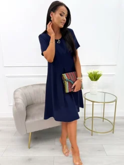 Granatowa Sukienka z Kieszeniami 13969-336-E|Modna Kiecka Discount