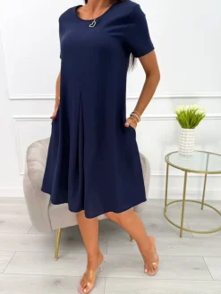 Granatowa Sukienka z Kieszeniami 13969-336-E|Modna Kiecka Discount