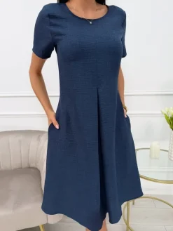 Granatowa Sukienka z Kieszeniami 13707-103-D|Modna Kiecka Discount