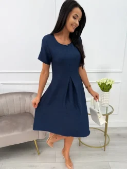 Granatowa Sukienka z Kieszeniami 13707-103-D|Modna Kiecka Discount