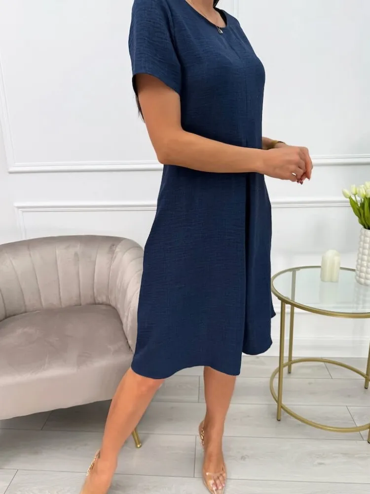 Granatowa Sukienka z Kieszeniami 13707-103-D|Modna Kiecka Discount