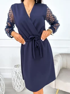 Granatowa Sukienka z Ozdobnym Rękawem 11083-229-D|Modna Kiecka Fashion