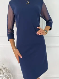 Granatowa Sukienka z Ozdobnym Rękawem 11449-266-B|Modna Kiecka Outlet