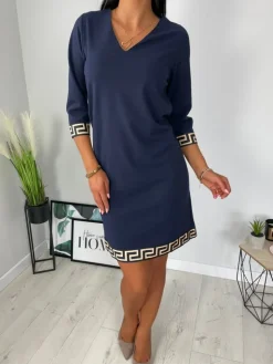 Granatowa Sukienka z Ozdobnymi Wstawkami 11438-425-B|Modna Kiecka Outlet