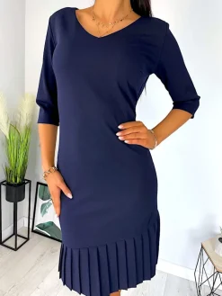 Granatowa Sukienka z Plisowaną Falbanką 11390-416-E|Modna Kiecka Best