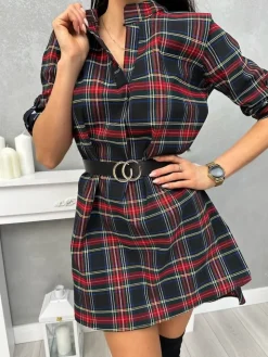 Granatowa Sukienka/Tunika w Kratę z Paskiem 13425-299-B|Modna Kiecka New