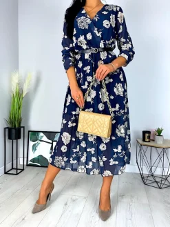 Granatowa Wzorzysta Plisowana Sukienka 6976-10-B|Modna Kiecka Clearance