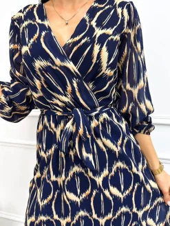 Granatowa Wzorzysta Sukienka z Paseczkiem 13267-203-B|Modna Kiecka Fashion