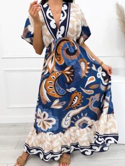 Granatowo-Beżowa Sukienka Maxi z Dekoltem V 12577-163-B|Modna Kiecka Hot