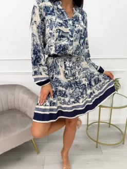 Granatowo-Beżowa Wzorzysta Sukienka 13539-240-B|Modna Kiecka Outlet