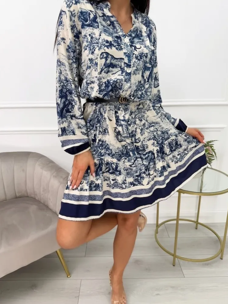 Granatowo-Beżowa Wzorzysta Sukienka 13539-240-B|Modna Kiecka Outlet