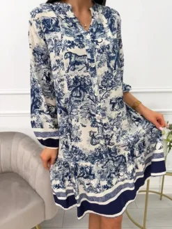 Granatowo-Beżowa Wzorzysta Sukienka 13539-240-B|Modna Kiecka Outlet