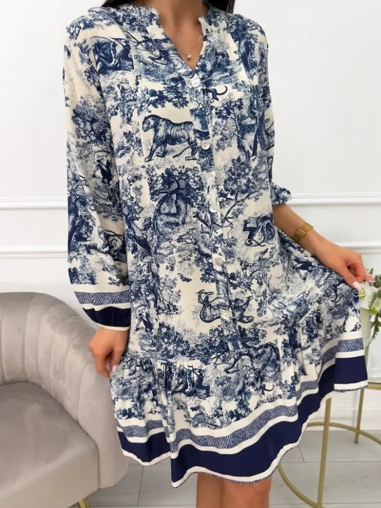 Granatowo-Beżowa Wzorzysta Sukienka 13539-240-B|Modna Kiecka Outlet