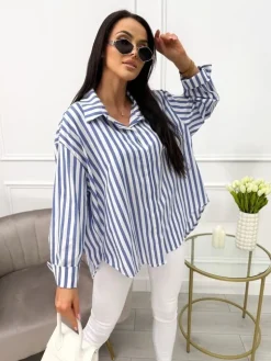 Granatowo-Biała Koszula w Paski Oversize 13701-81-A|Modna Kiecka Outlet