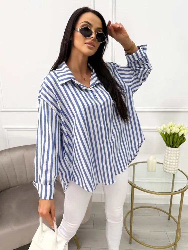 Granatowo-Biała Koszula w Paski Oversize 13701-81-A|Modna Kiecka Outlet