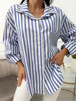 Granatowo-Biała Koszula w Paski Oversize 13701-81-A|Modna Kiecka Outlet