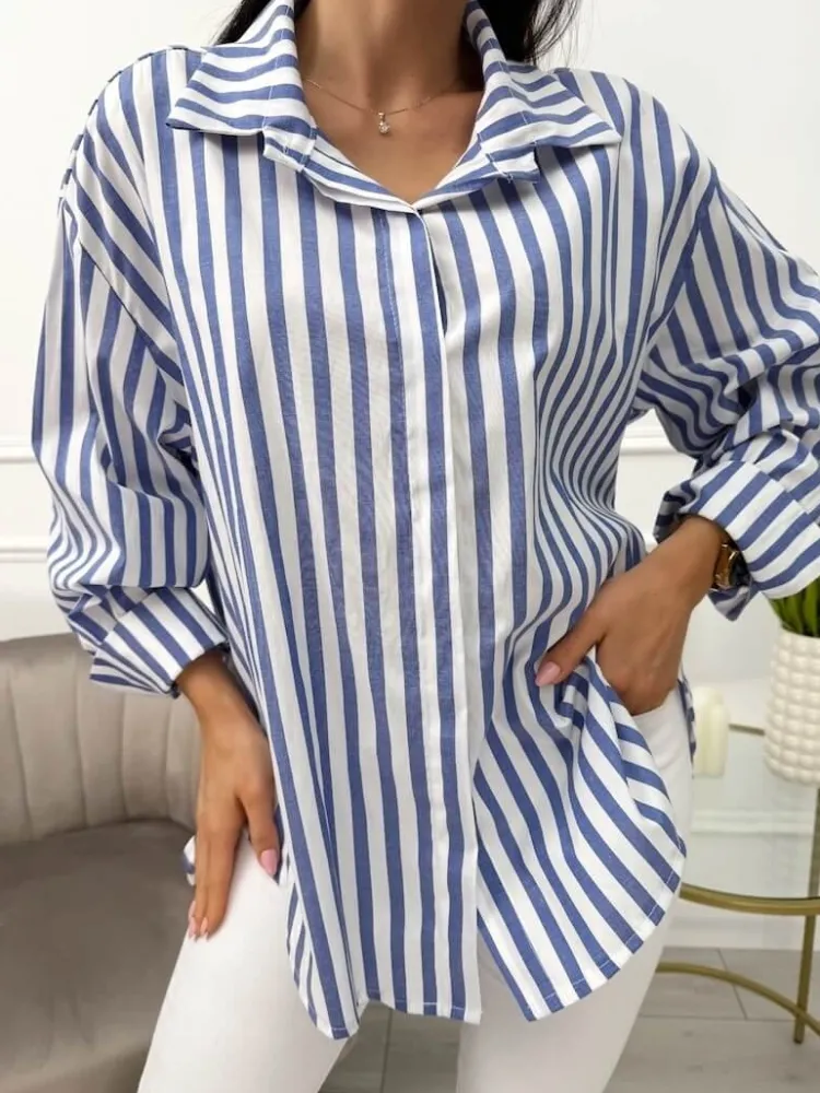 Granatowo-Biała Koszula w Paski Oversize 13701-81-A|Modna Kiecka Outlet