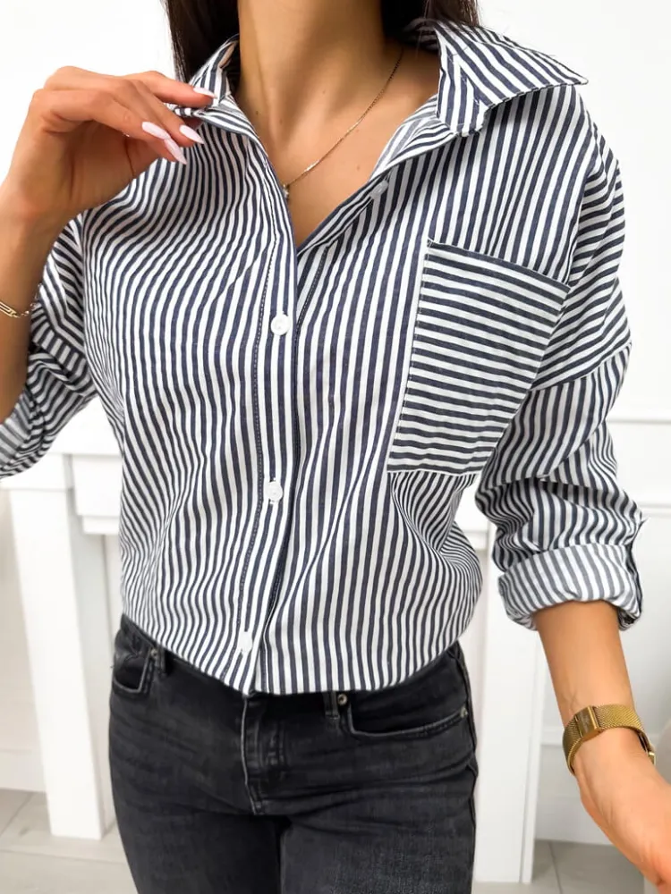 Granatowo-Biała Koszula w Paski 10574-209-F|Modna Kiecka Outlet