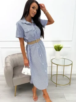 Granatowo-Biała Sukienka w Paski  13975-102-B|Modna Kiecka Outlet