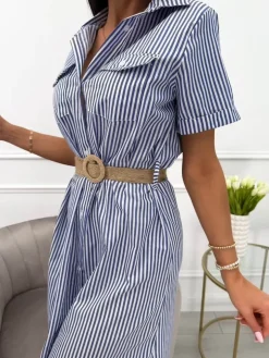 Granatowo-Biała Sukienka w Paski  13975-102-B|Modna Kiecka Outlet